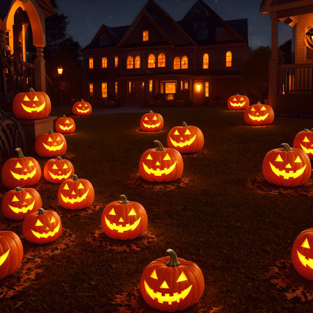 Halloween realistic Pumpkin house background with spooky pumpkin jack o lantern in a dark moody forest wallpaper,の素材