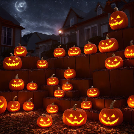 Halloween realistic Pumpkin house background with spooky pumpkin jack o lantern in a dark moody forest wallpaper,の素材