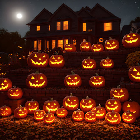 Halloween realistic Pumpkin house background with spooky pumpkin jack o lantern in a dark moody forest wallpaper,の素材