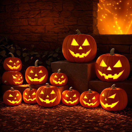 Halloween realistic Pumpkin house background with spooky pumpkin jack o lantern in a dark moody forest wallpaper,の素材