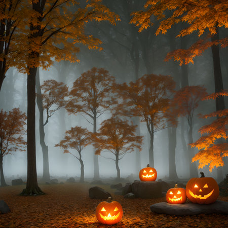 Halloween pumpkin stone outside forest pictureの素材