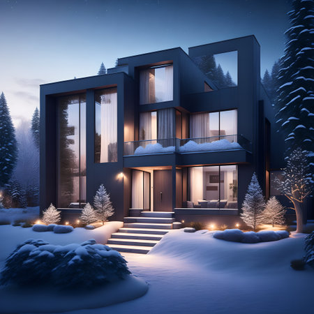 modern black house covered in snow in winter picture wallpaperの素材