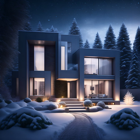 modern black house covered in snow in winter picture wallpaperの素材