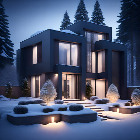 modern black house covered in snow in winter picture wallpaperの素材