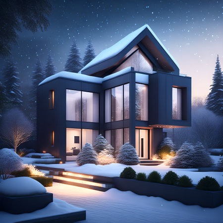modern black house covered in snow in winter picture wallpaperの素材