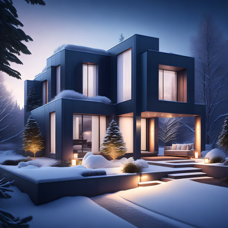 modern black house covered in snow in winter picture wallpaperの素材