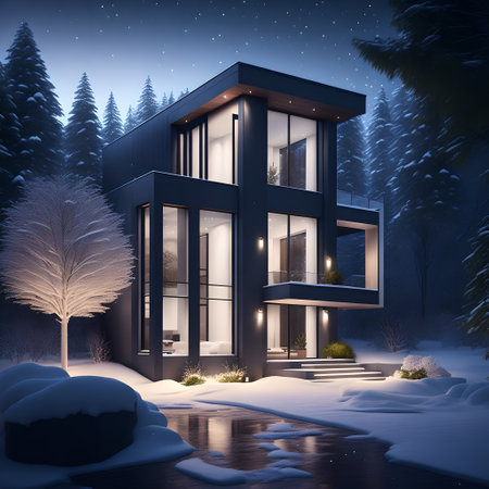 modern black house covered in snow in winter picture wallpaperの素材
