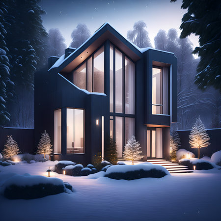 modern black house covered in snow in winter picture wallpaperの素材