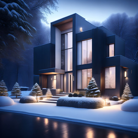 modern black house covered in snow in winter picture wallpaperの素材