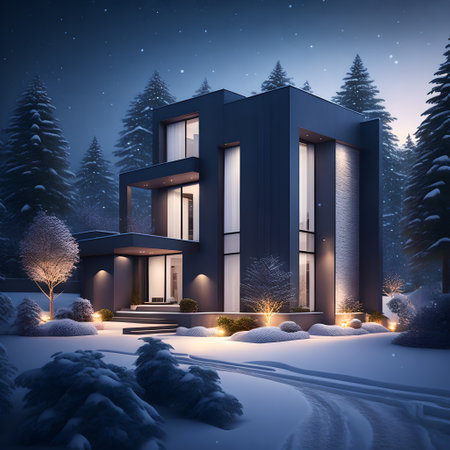 modern black house covered in snow in winter picture wallpaperの素材