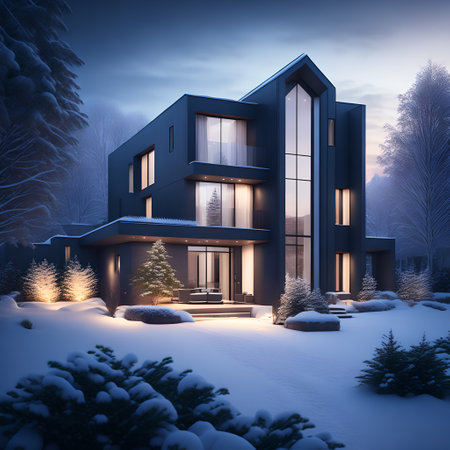 modern black house covered in snow in winter picture wallpaperの素材