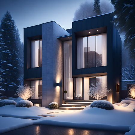 modern black house covered in snow in winter picture wallpaperの素材