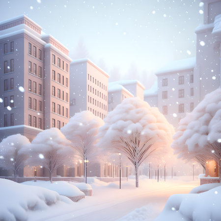 Christmas soft color snowfall city illustration realistic wallpaper pictureの素材