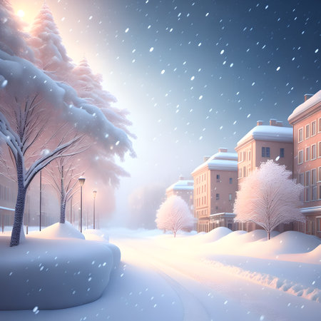 Christmas soft color snowfall city illustration realistic wallpaper pictureの素材