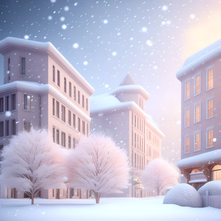 Christmas soft color snowfall city illustration realistic wallpaper pictureの素材