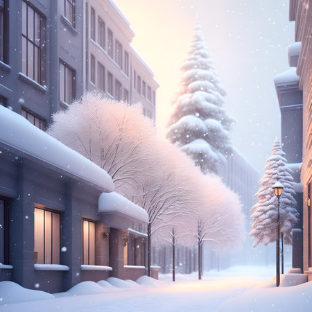 Christmas soft color snowfall city illustration realistic wallpaper pictureの素材