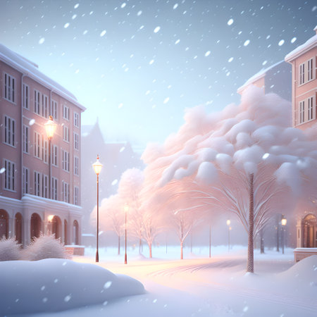Christmas soft color snowfall city illustration realistic wallpaper pictureの素材