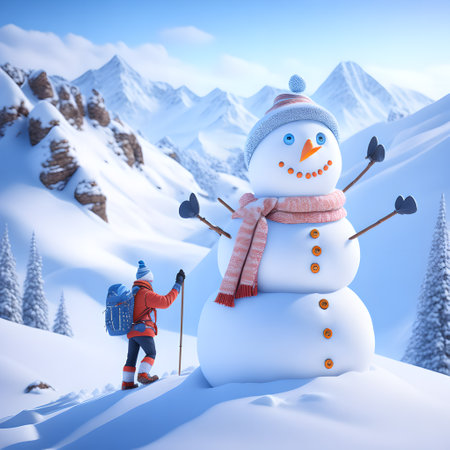 Snowman Hiking Mountains christmas wallpaper pictureの素材