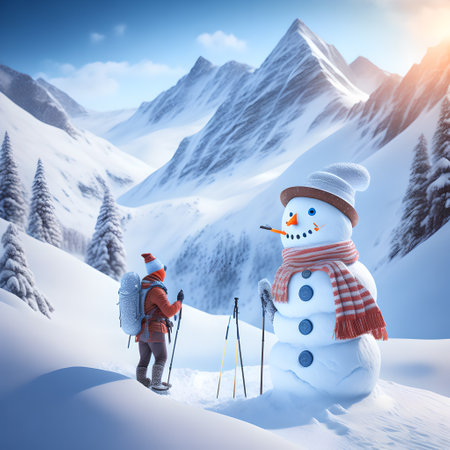 Snowman Hiking Mountains christmas wallpaper pictureの素材