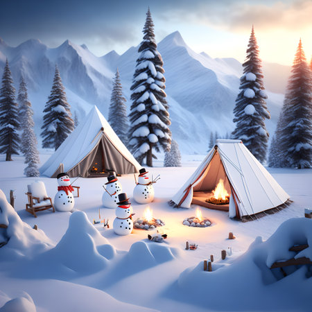 Snowman Campsite Mountains christmas wallpaper pictureの素材