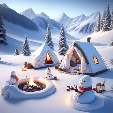 Snowman Campsite Mountains christmas wallpaper pictureの素材