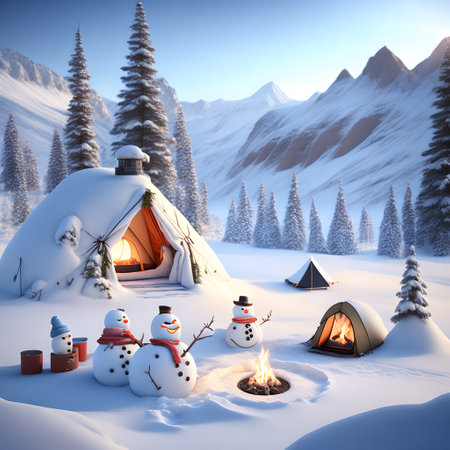 Snowman Campsite Mountains christmas wallpaper pictureの素材