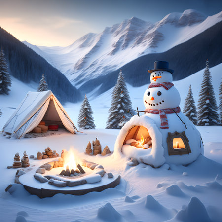Snowman Campsite Mountains christmas wallpaper pictureの素材