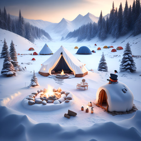 Snowman Campsite Mountains christmas wallpaper pictureの素材