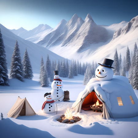 Snowman Campsite Mountains christmas wallpaper pictureの素材