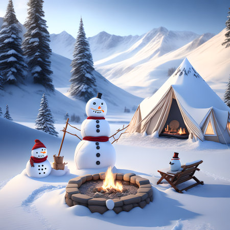 Snowman Campsite Mountains christmas wallpaper pictureの素材