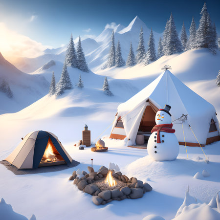 Snowman Campsite Mountains christmas wallpaper pictureの素材