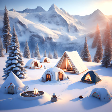 Snowman Campsite Mountains christmas wallpaper pictureの素材