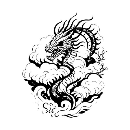 Dragon Icon hand draw black colour chinese logo vector element and symbolのイラスト素材