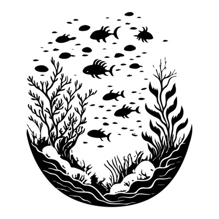 underwater world sunken vessel and seaweeds grow at rock illustration sketch hand draw elementのイラスト素材