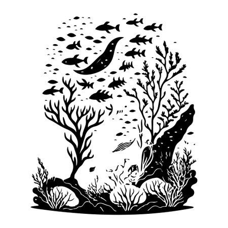 underwater world sunken vessel and seaweeds grow at rock illustration sketch hand draw elementのイラスト素材