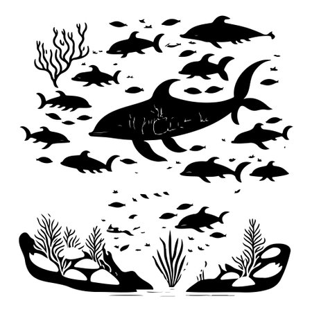 ocean whale underwater coral illustration sketch hand draw elementのイラスト素材