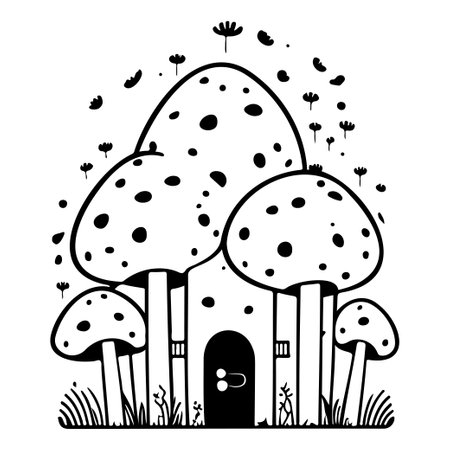 doodle house mushroom illustration sketch hand draw black elementのイラスト素材