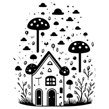 doodle house mushroom illustration sketch hand draw black elementのイラスト素材