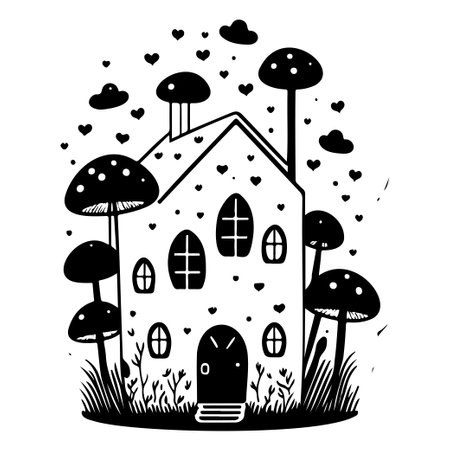 doodle house mushroom illustration sketch hand draw black elementのイラスト素材