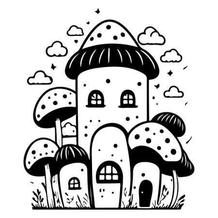 doodle house mushroom illustration sketch hand draw black elementのイラスト素材