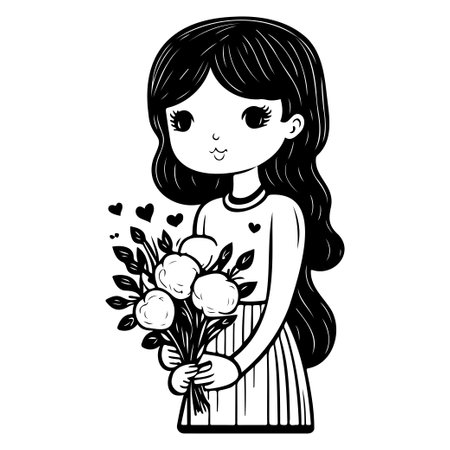 girl holding a bouquet of flowers valentine illustration sketch hand draw elementのイラスト素材