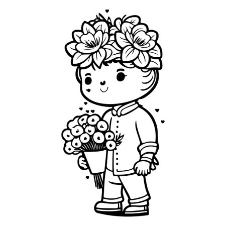 boy holding a bouquet of flowers valentine illustration sketch hand draw elementのイラスト素材