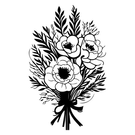 wedding bouquet flowers illustration sketch hand draw black elementのイラスト素材