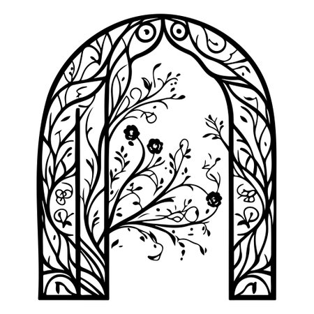 wedding gate with ornament batik flower illustration sketch hand draw black elementのイラスト素材