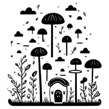 doodle house mushroom illustration sketch draw black elementのイラスト素材