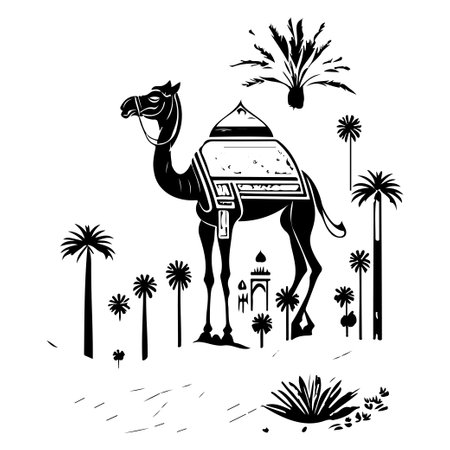 Desert Camel Mosque ramadan ornament palm tree illustration sketch hand draw elementのイラスト素材