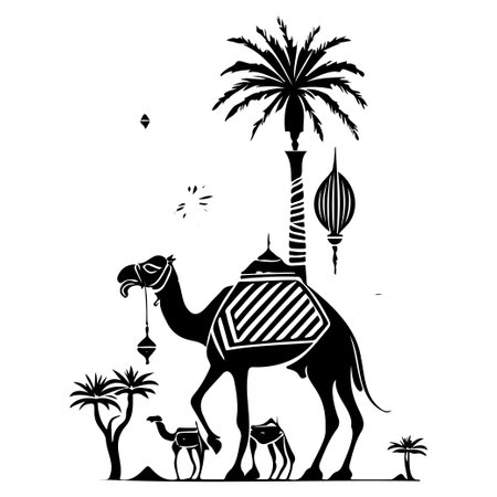 Desert Camel Mosque ramadan ornament palm tree illustration sketch hand draw elementのイラスト素材