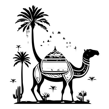 Desert Camel Mosque ramadan ornament palm tree illustration sketch hand draw elementのイラスト素材