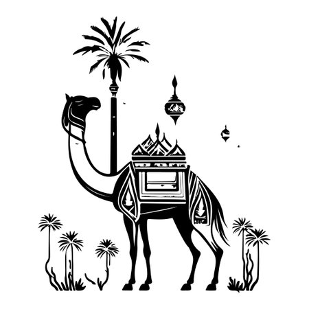 Desert Camel Mosque ramadan ornament palm tree illustration sketch hand draw elementのイラスト素材