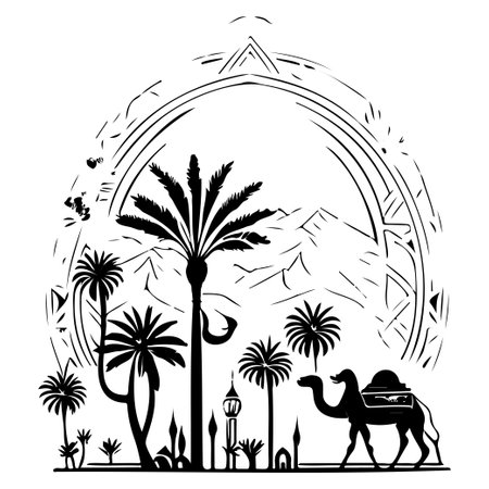 Desert Camel Mosque ramadan ornament palm tree illustration sketch hand draw elementのイラスト素材